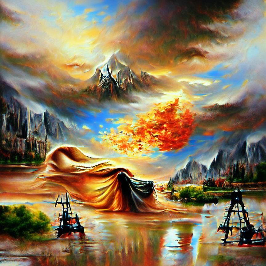Burning Sky Over Lonely Land: Oil on Canvas