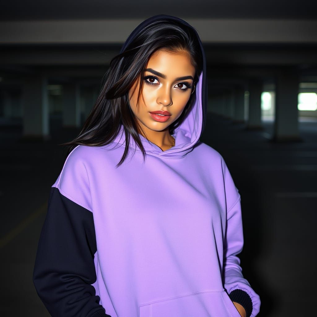 Elegant Colombian Woman in Lavender Purple and Black Hoodie