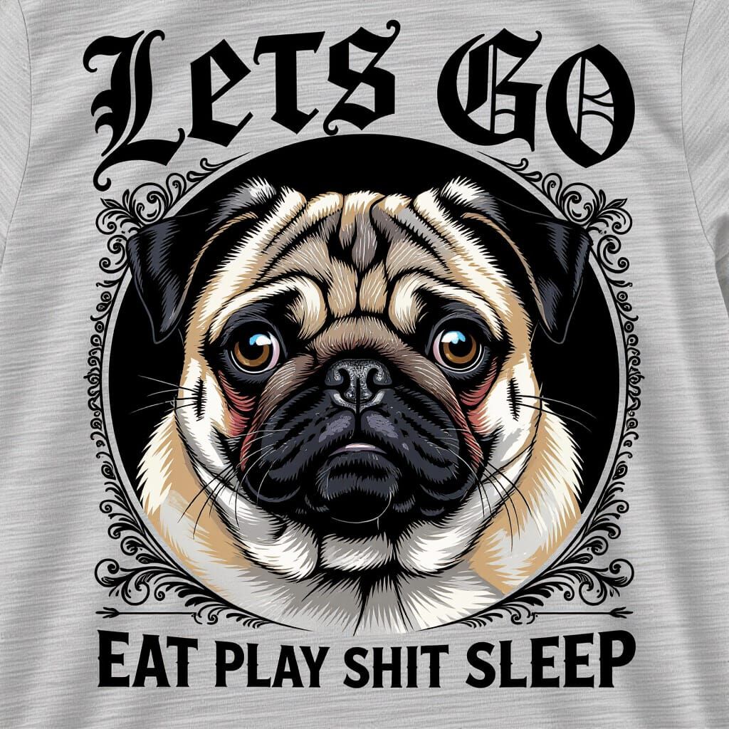 Hyperrealistic Pug T-Shirt Design in Gothic Style