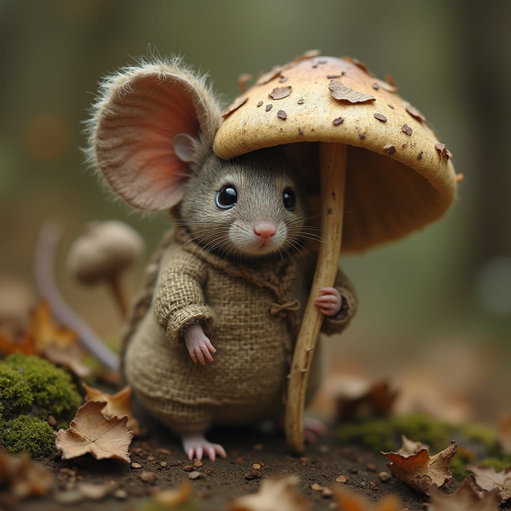Mouse in Elephant Costume Hides Behind Mushroom