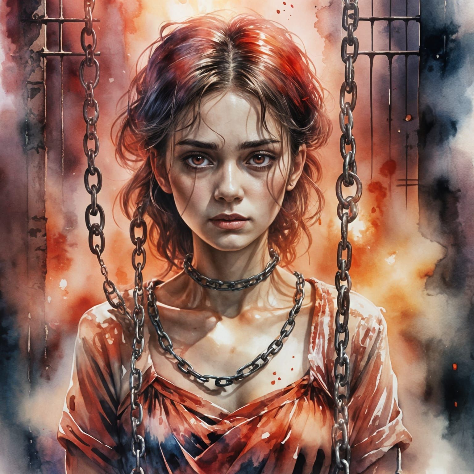 Ethereal Portrait of a Caged Woman in Whispers of Red