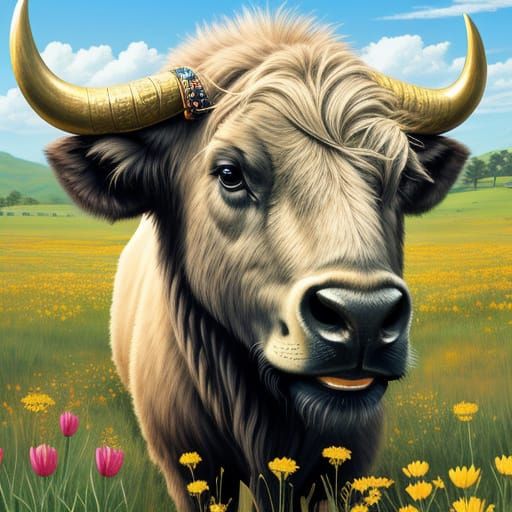 Buffalo in Golden Savannah Landscape, in Vibrant Alcohol Ink...