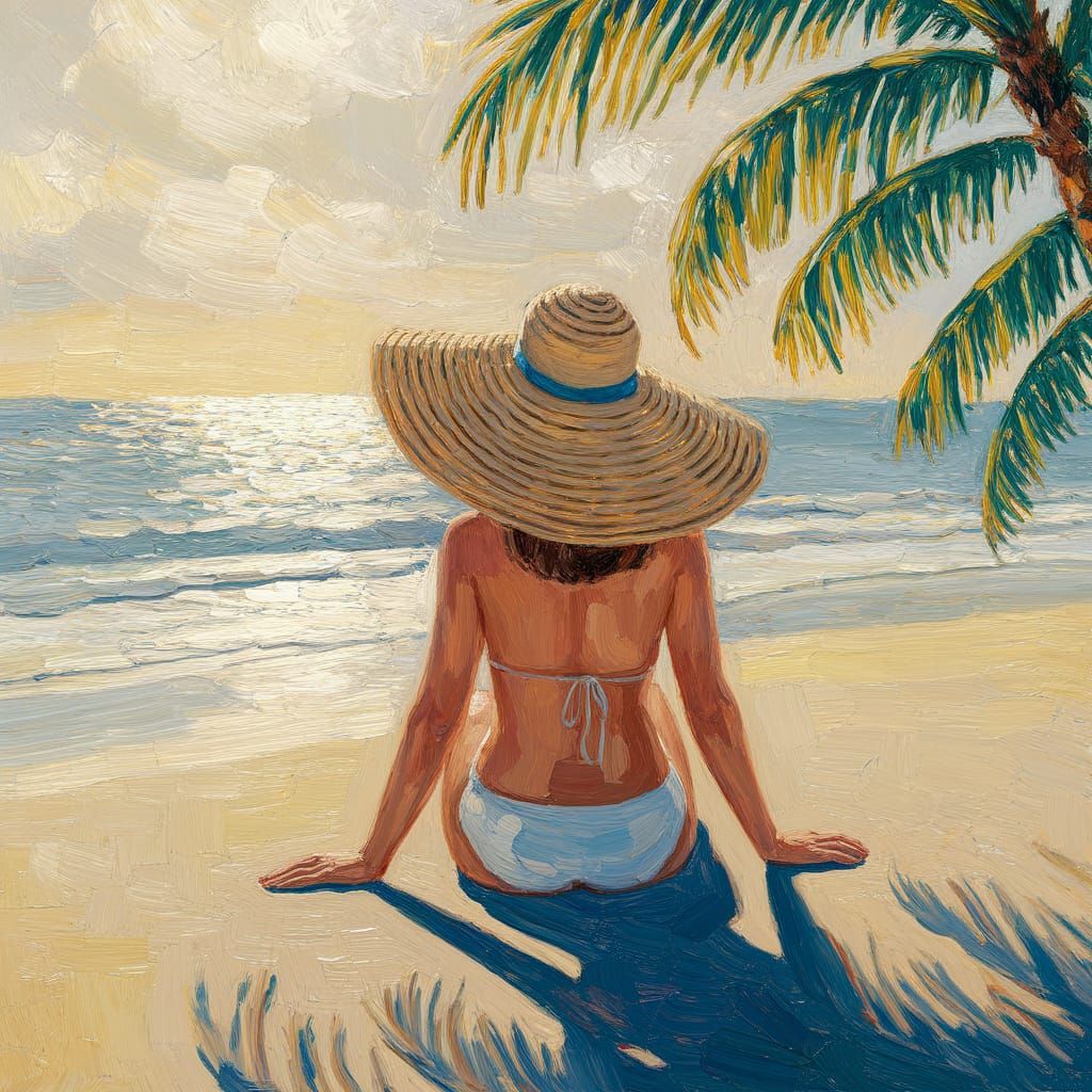 Serene Beach Scene in Warm Oil Painting Style