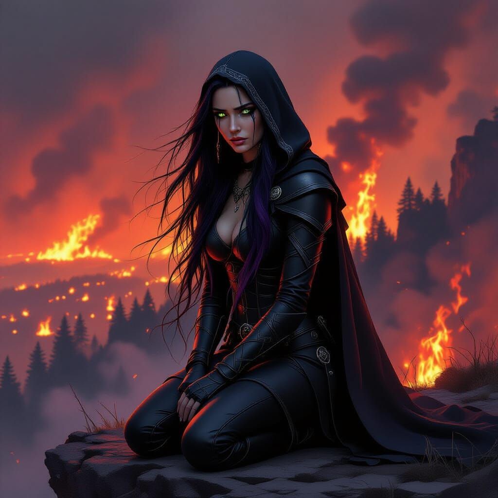 Elven Woman Mourns Burning Forest on Cliffside