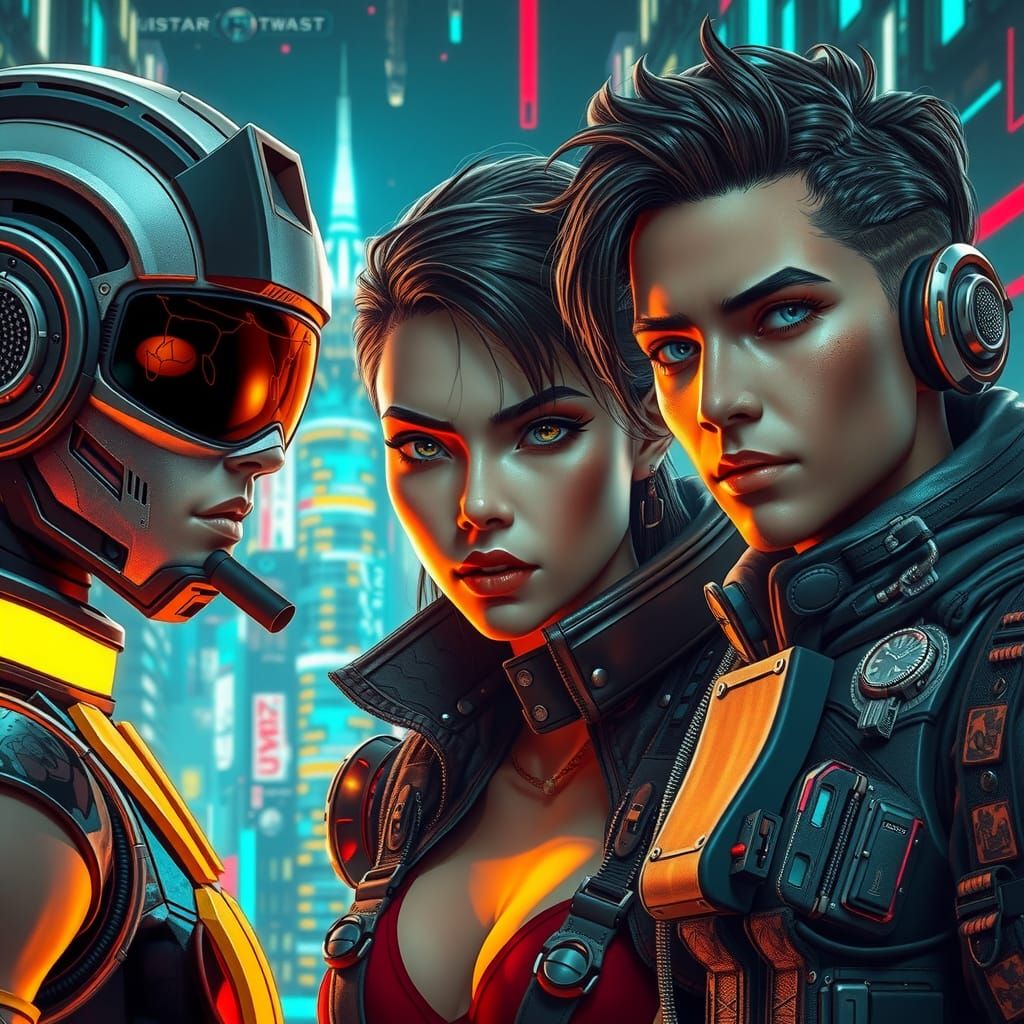 Hyperrealistic Characters in Neon Sci-Fi Cityscape