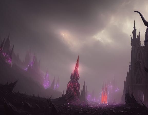 insanely detailed tall, spiky dark purple castle spire with horns covered in dark gemstones a masterpiece, 8k resolution...