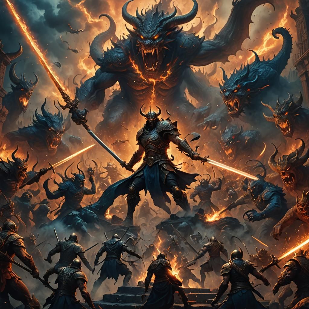 Heroic Warrior Faces Demon Army in Hellscape