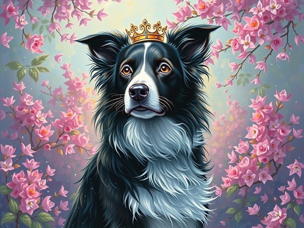 Crowned Border Collie in a Luminous Jacaranda Garden