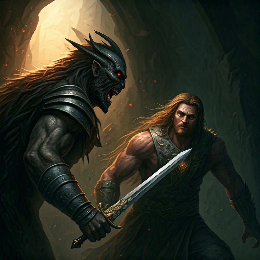 Beowulf Battles Grendel in a Fierce Sword Fight