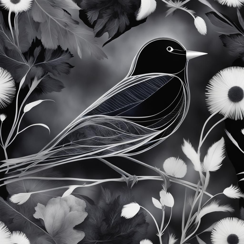 Floral Black Bird Dreamscape in Surrealist Style