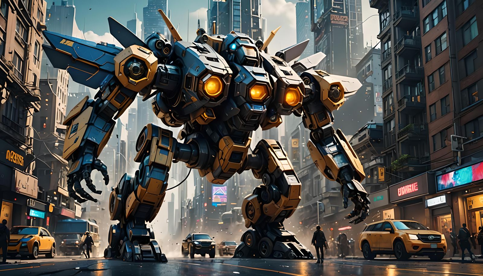 Mech Bee Spaceship Scans City in Detailed Digital Art