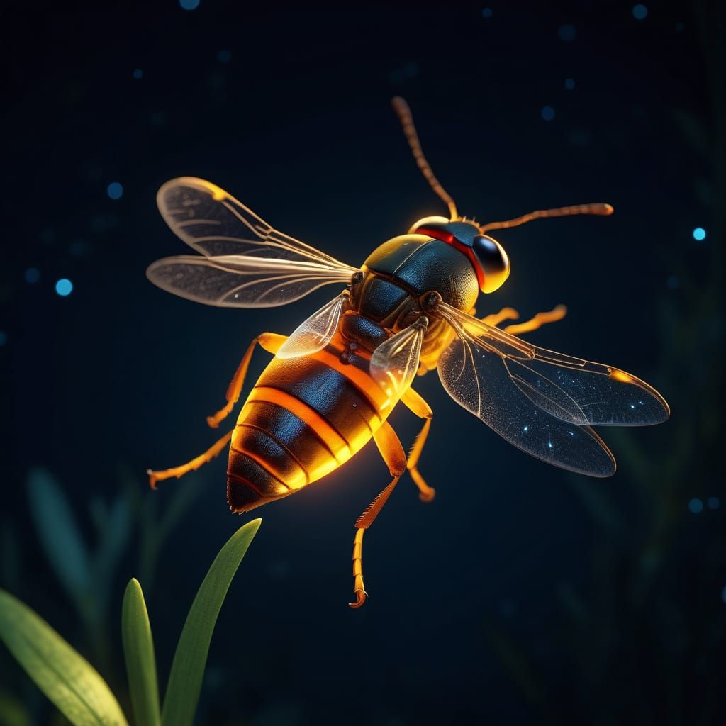 Glowing Firefly Lampyridae at Night in Ultra Detail