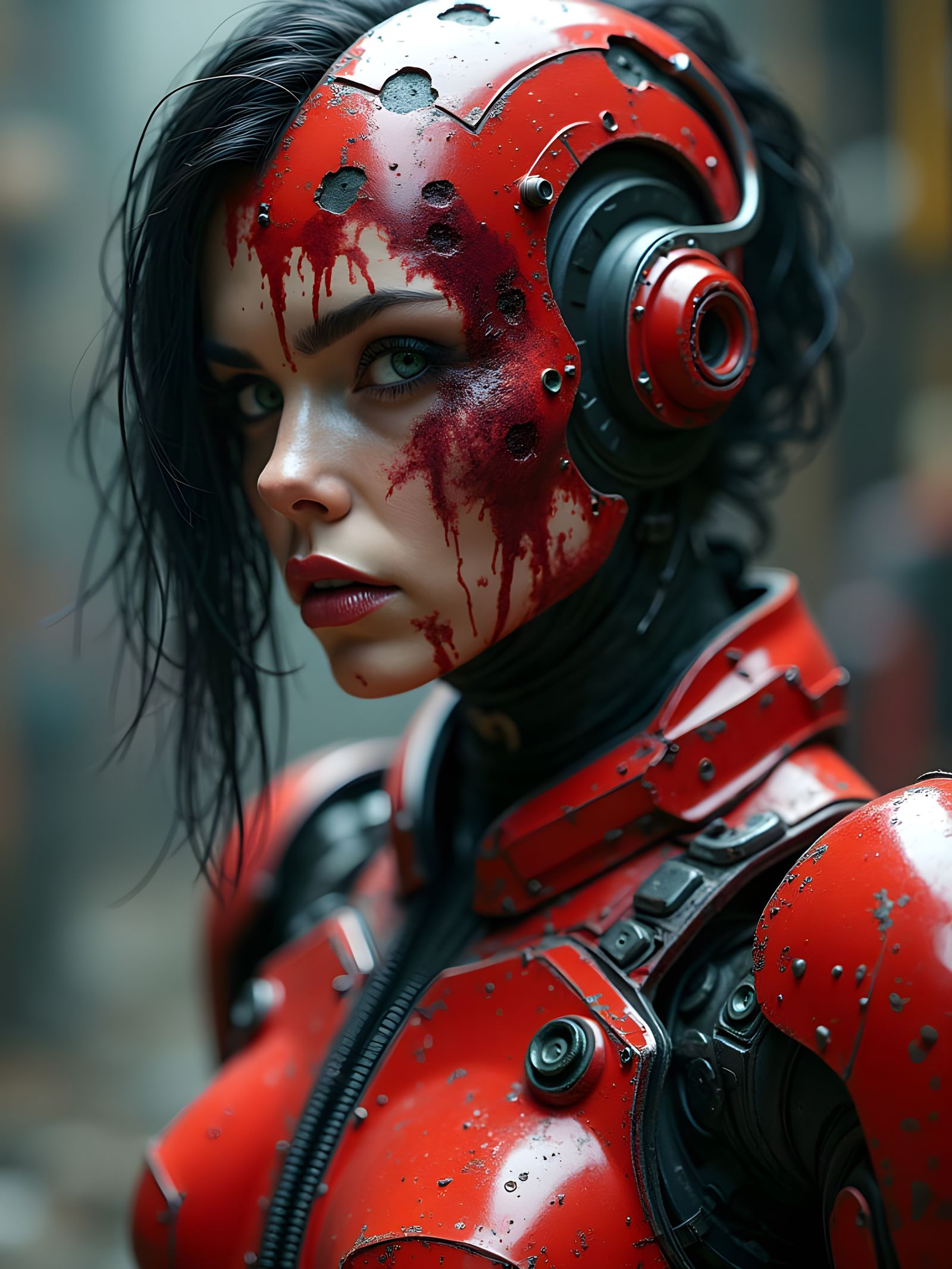 Cybernetic Warrior in Red Exosuit Amidst Industrial Decay