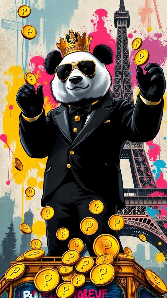 Panda Boss Waving Gold Coins at Eiffel Tower