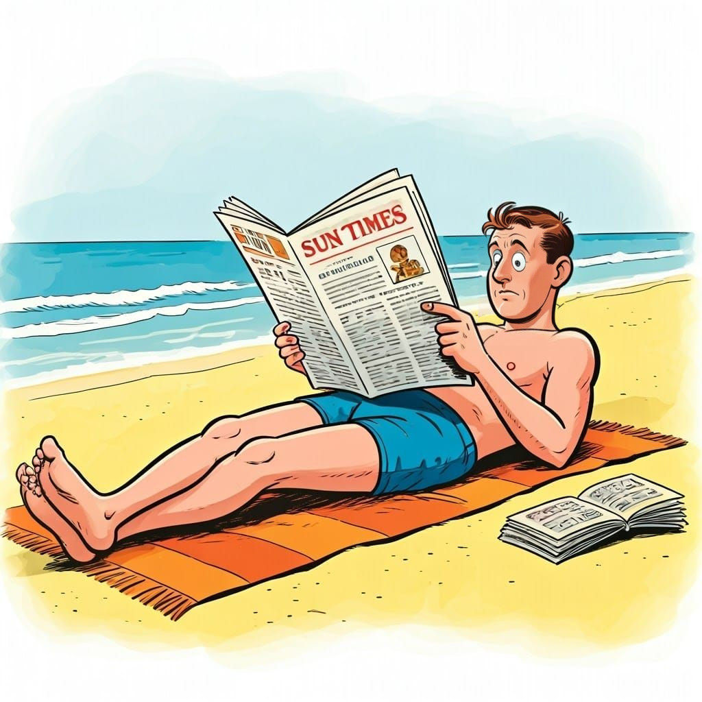 Man Relaxing on British Beach in Classic Comic Style