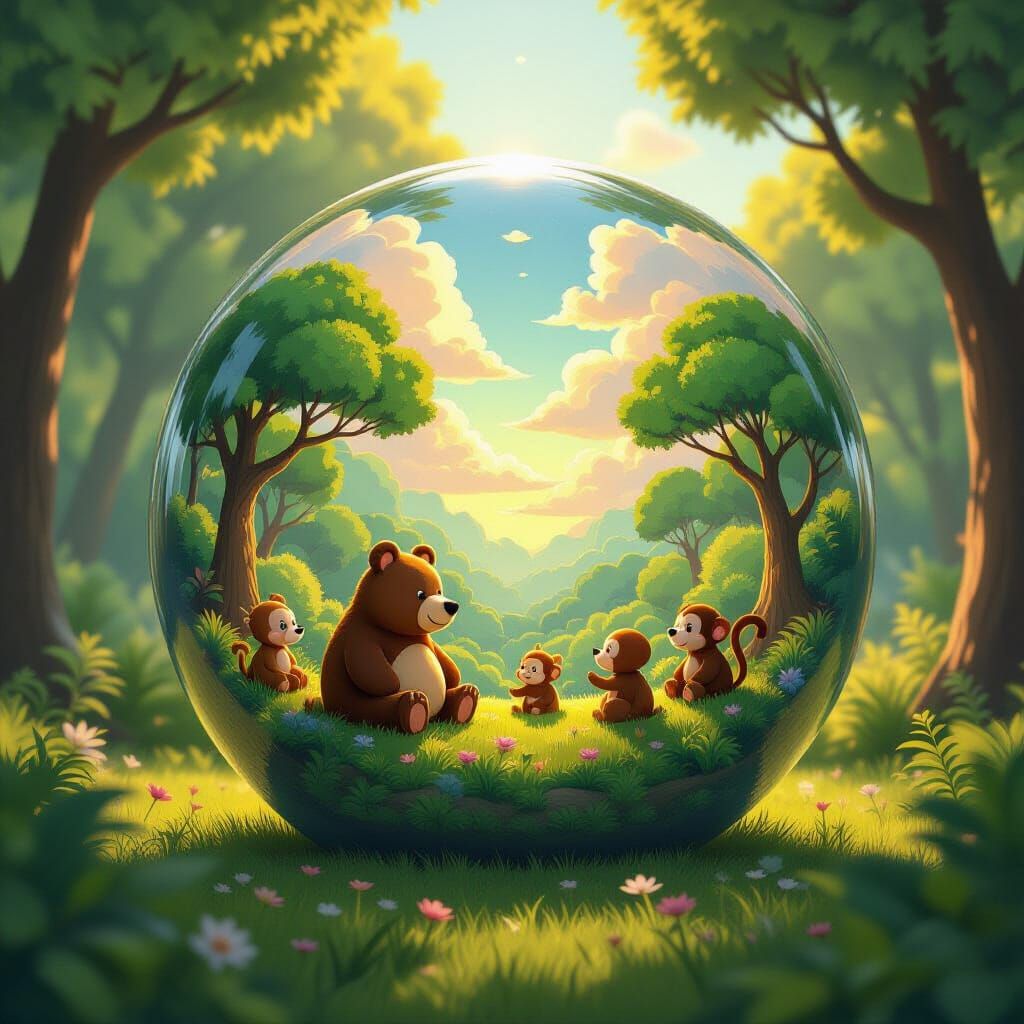 Colossal Glass Orb With Cloud Forest Ecosystem and Animals