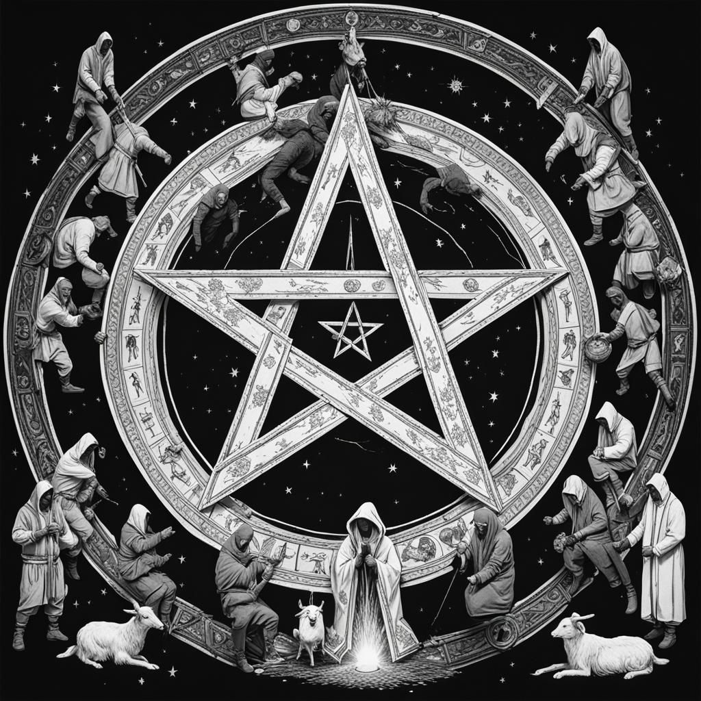 Dark Ritual with Hooded Figures and Pentagram