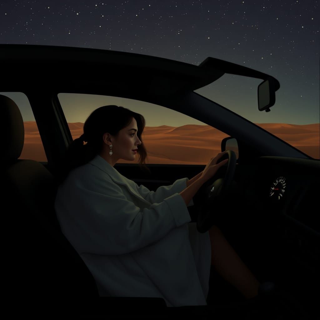 Woman Driving at Night in Abstract Expressionist Style