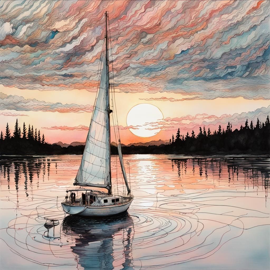 Sailboat on Sunset Lake: Ink and Watercolor Drawing