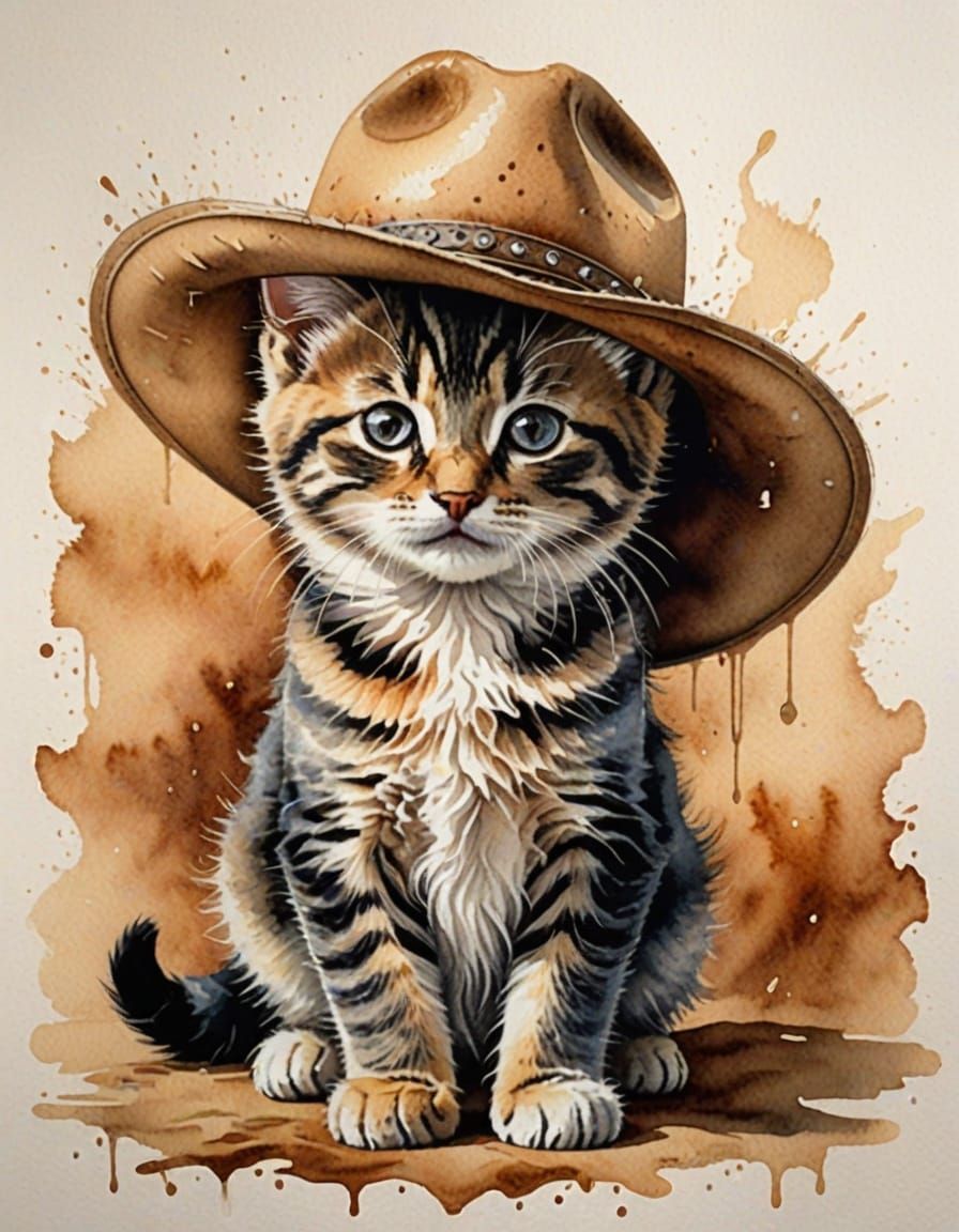Realistic Watercolor Kitten in Cowboy Hat