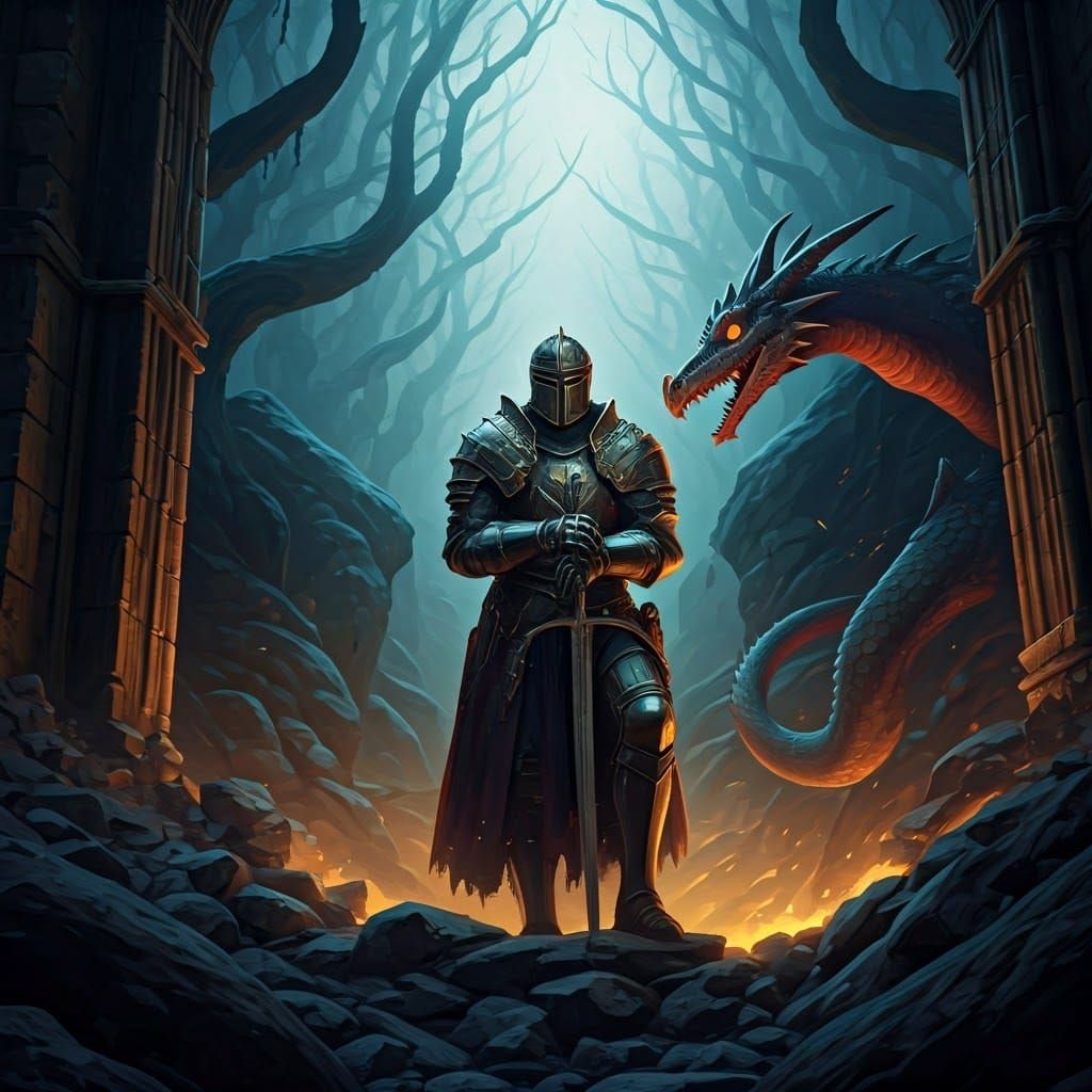 Mystical Forest Knight with Playful Dragon