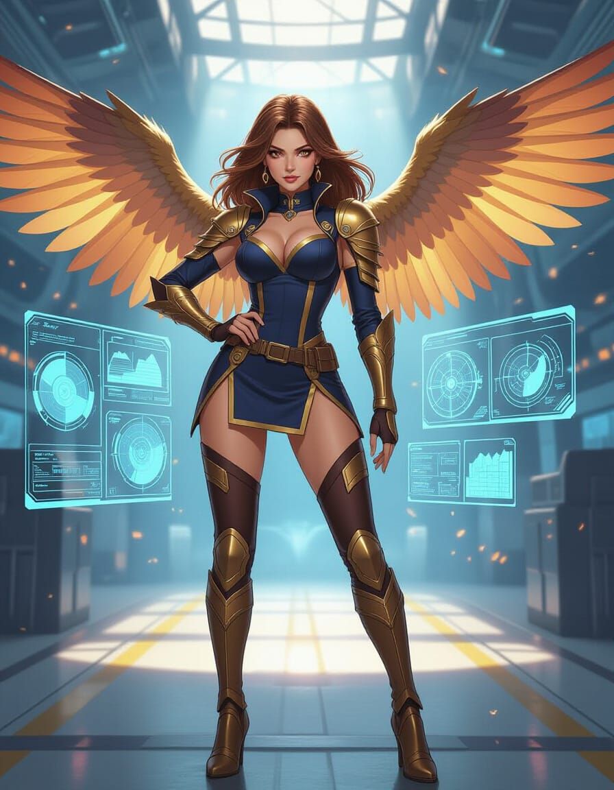 Confident Avian Woman in Starship Hangar, Anime Semi-Realism
