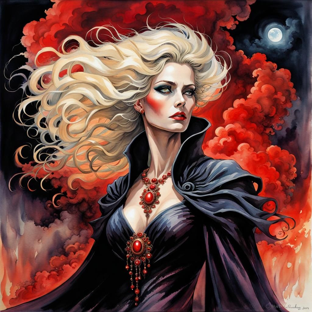 Majestic Dark Witch in Haunted Cemetery, Watercolor Style