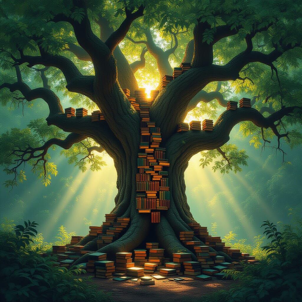 Ancient Tree with Glowing Books in Sun-Dappled Forest