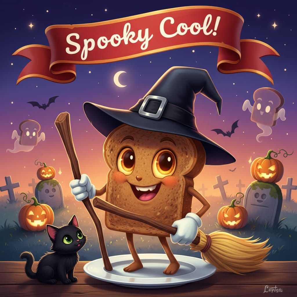 Animated Witch Toast with Kitten and Halloween Scene