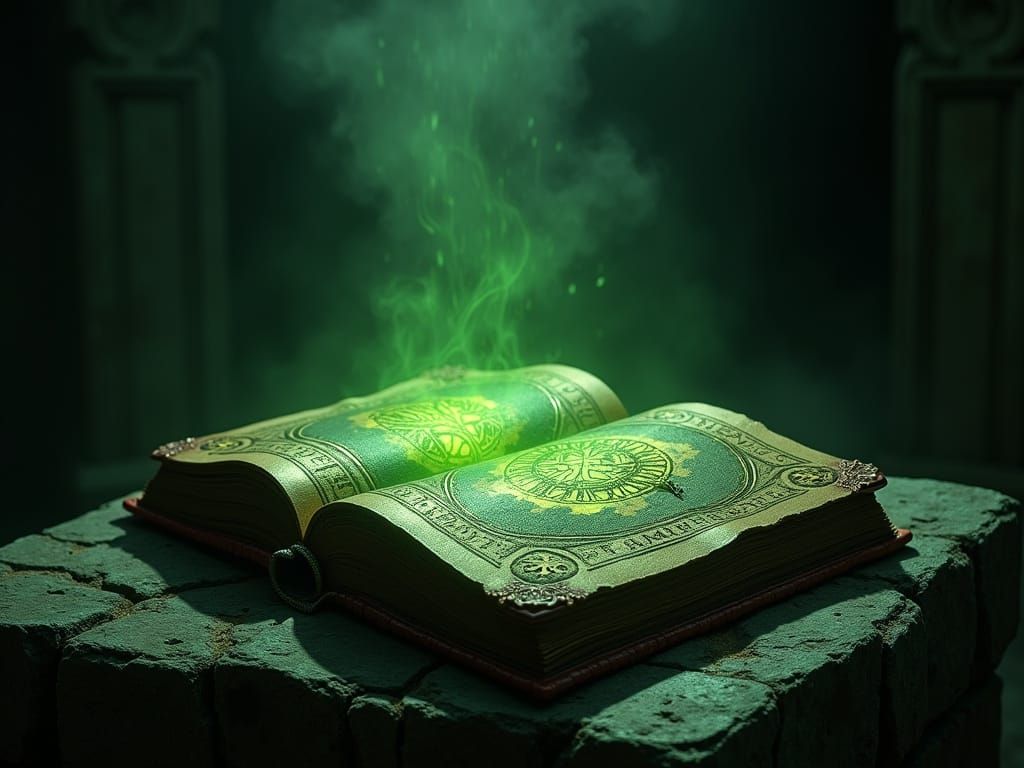Ancient Grimoire on Stone Altar in Eerie Green Light