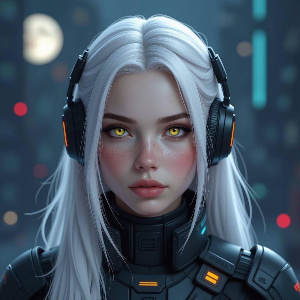 Futuristic Albino Woman Against Starship, Cyberpunk Art