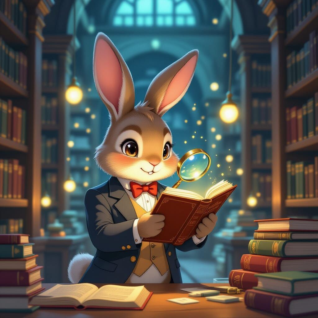 Dapper Bunny in Library, Studio Ghibli Style