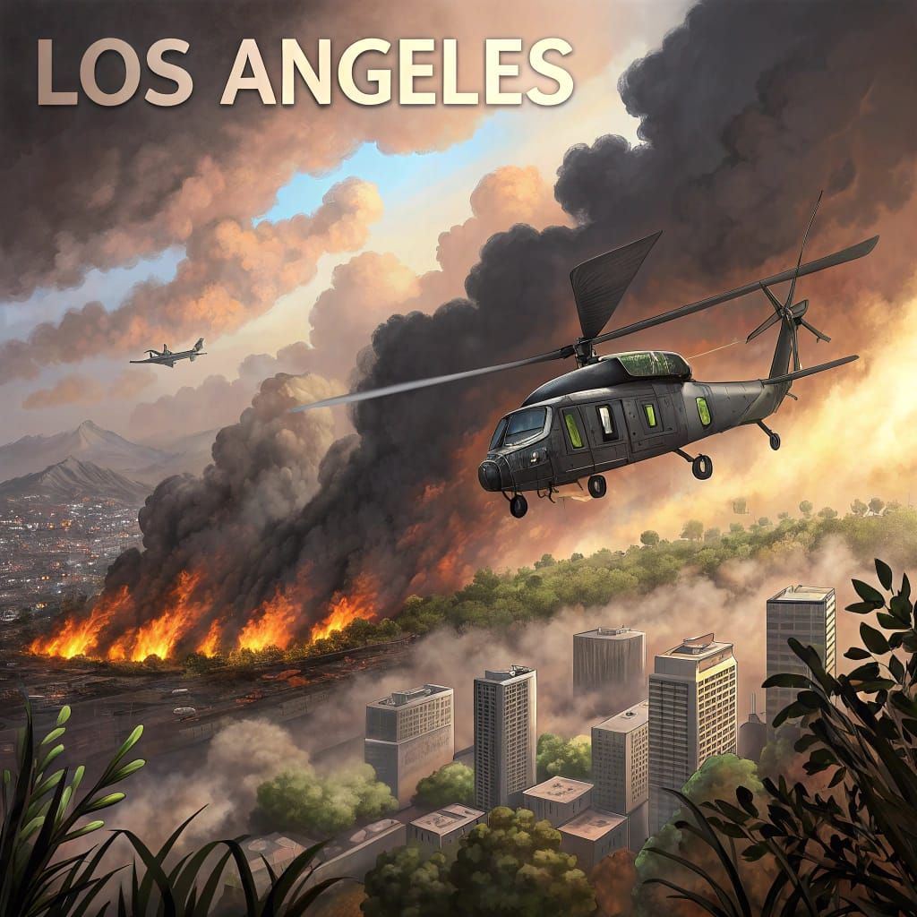 Helicopter Rescues Amidst LA Wildfires in a Futuristic Style