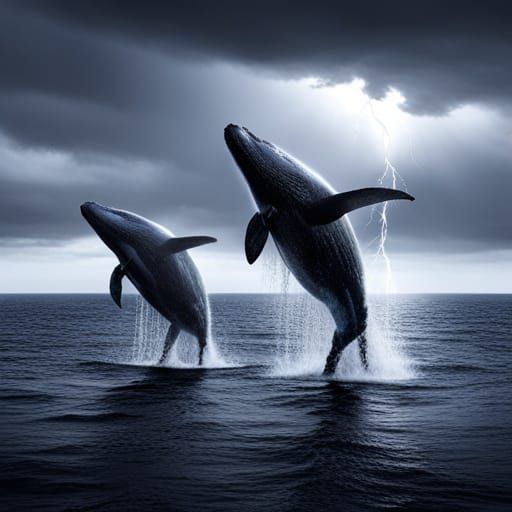 Humpback Whales Breaching in Storm, 3D Render