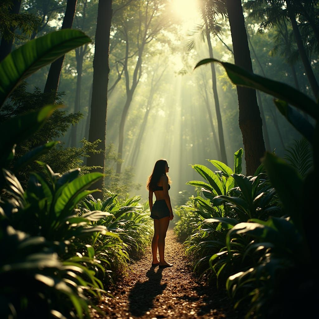 Lush Forest Scene with Woman in Golden Light
