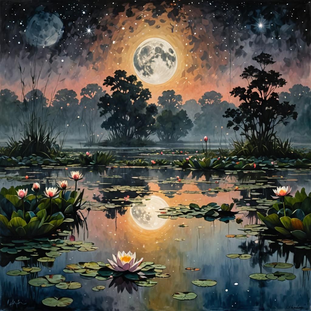 Water Lilies in Watercolor Fantasy Landscape