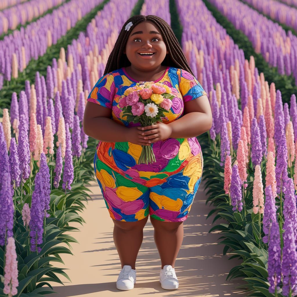 Joyful Black Teen in Vibrant Field of Flowers, Inspired by P...