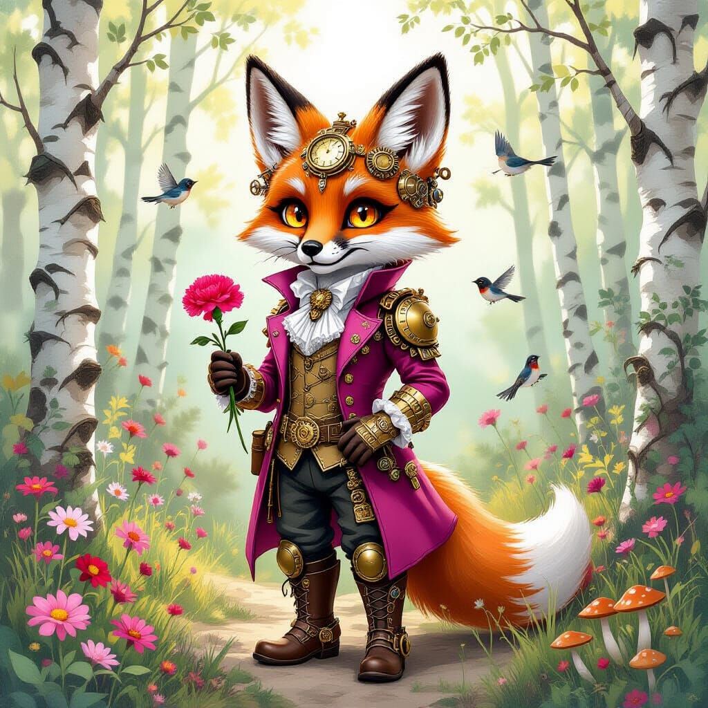 Steampunk Fox in Birch Woodland, Watercolor Style
