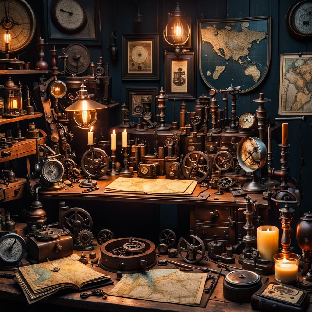 Vintage Explorer's Workshop with Antique Objects