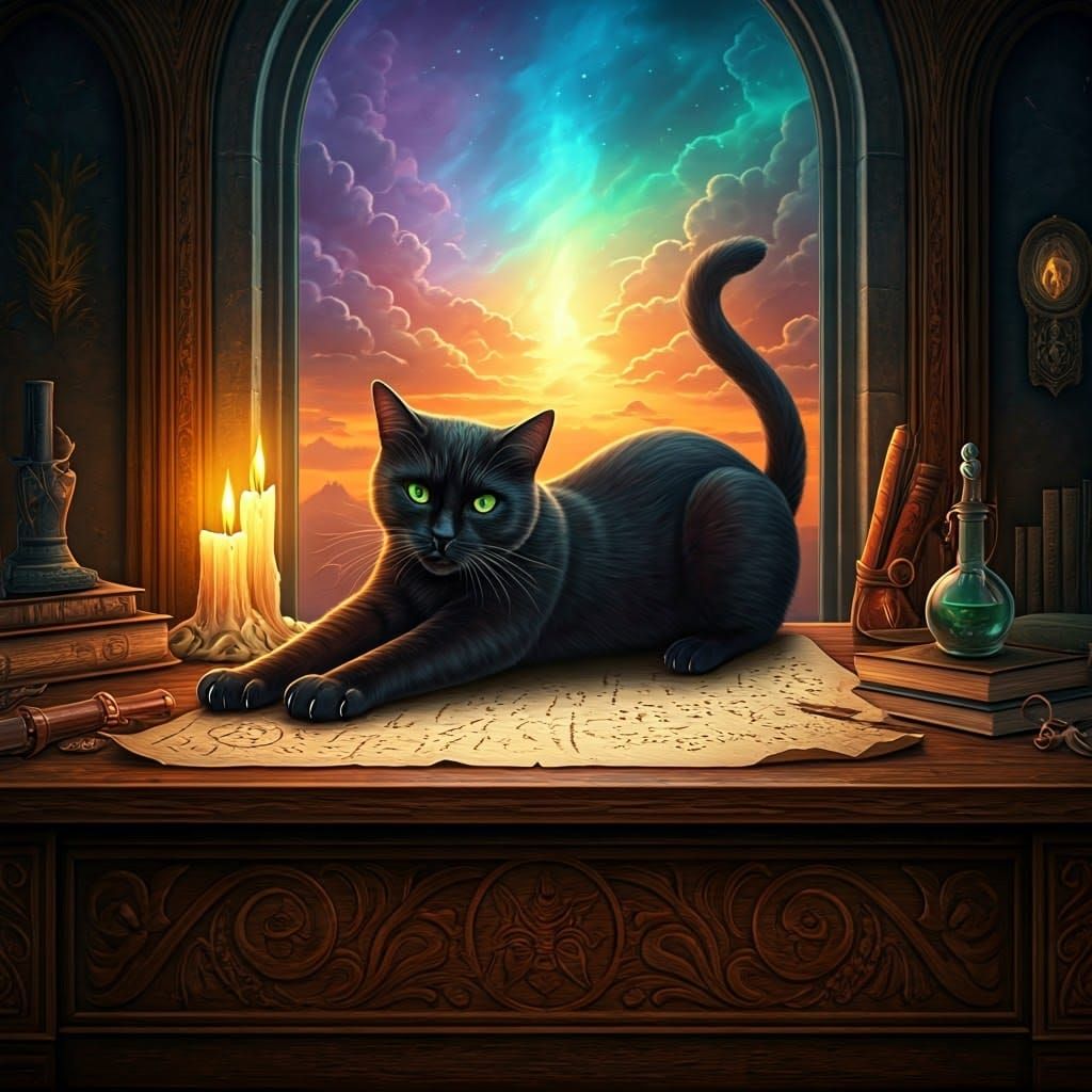 Black Cat Mischief: Scratching Enchanted Scrolls, Digital Ma...