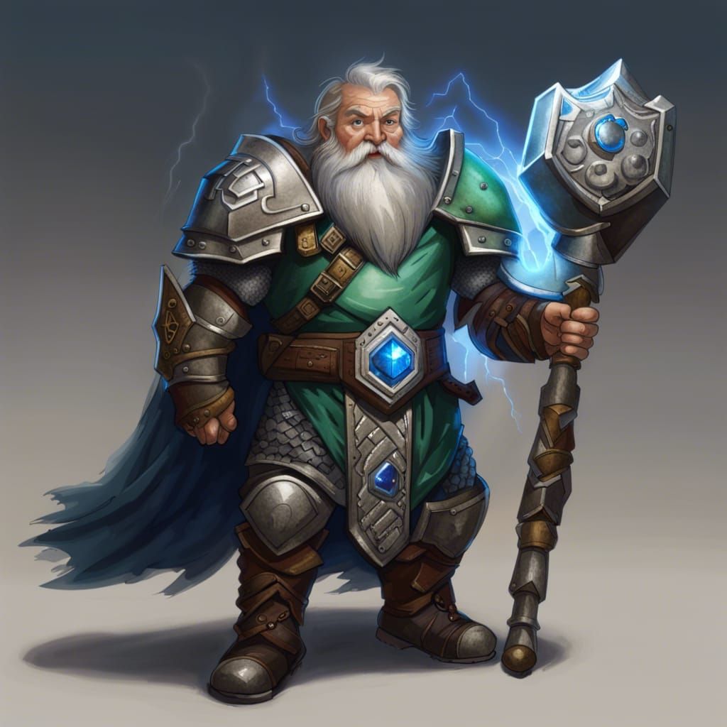 Dwarven Warrior in Silver Armor with Runed Hammer
