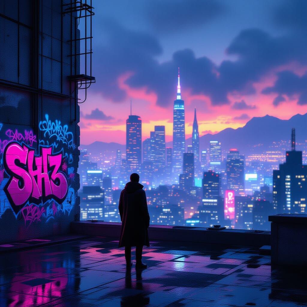 Lone Figure on Rooftop Overlooking Neon Metropolis at Dusk