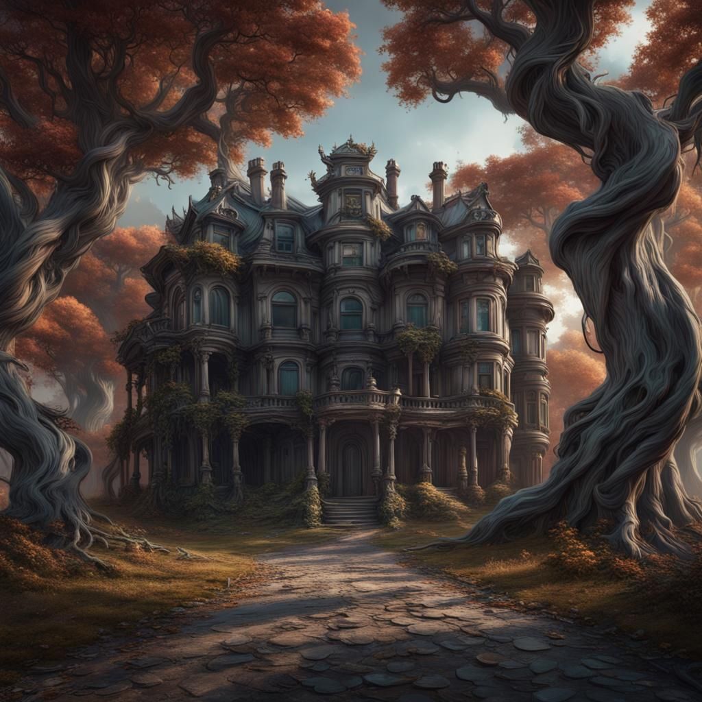 Spooky Path to Worn Mansion in Detailed Matte Painting