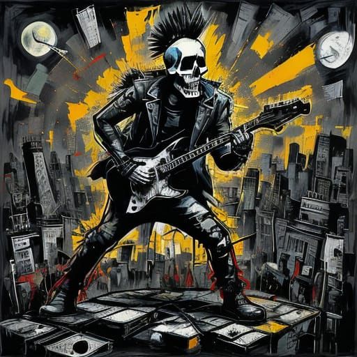 Gothic Skeleton Shreds Guitar Under Full Moon