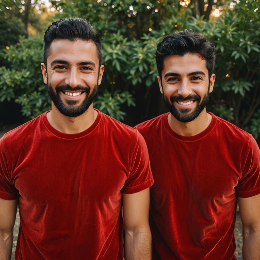 Portrait of Two Handsome Men in Velvet T-Shirts