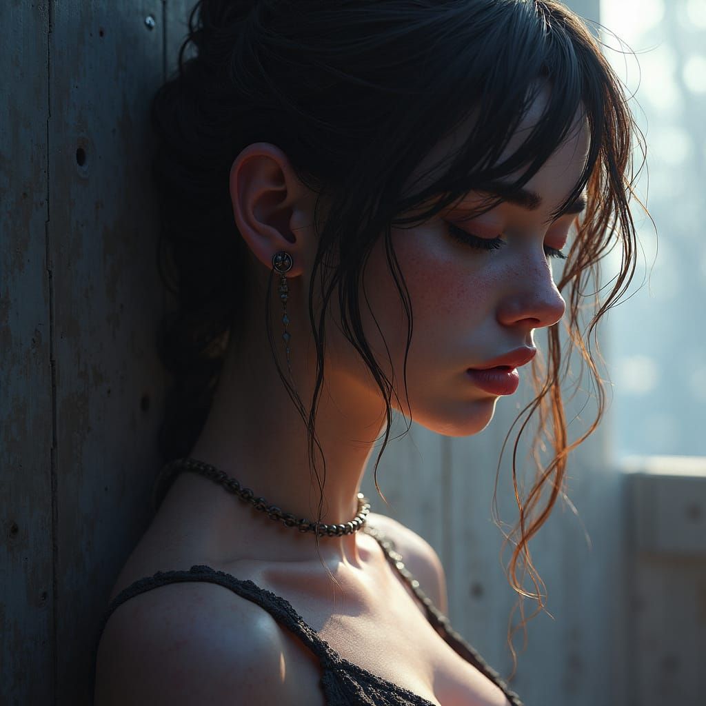 The anxiety of not knowing the real you, the sadness of an 18-year-old beautiful female with skin pores, a textured, ath...