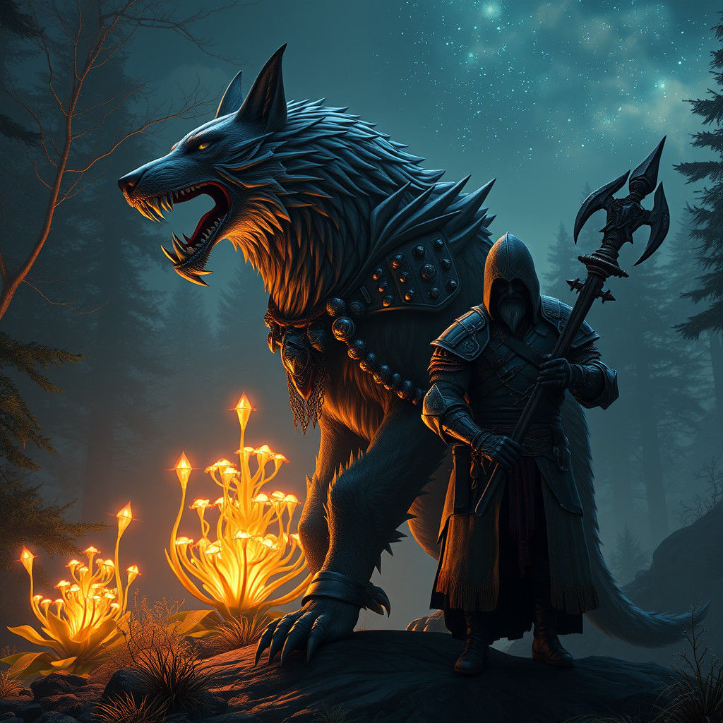 Armored Canine Hybrid Warrior in Mystical Forest