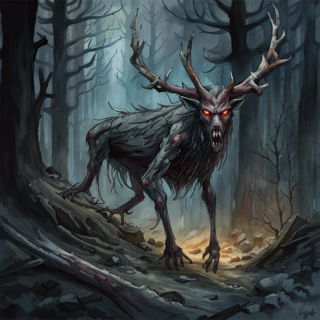 Wendigo Lurking: A Dark Fantasy Watercolor