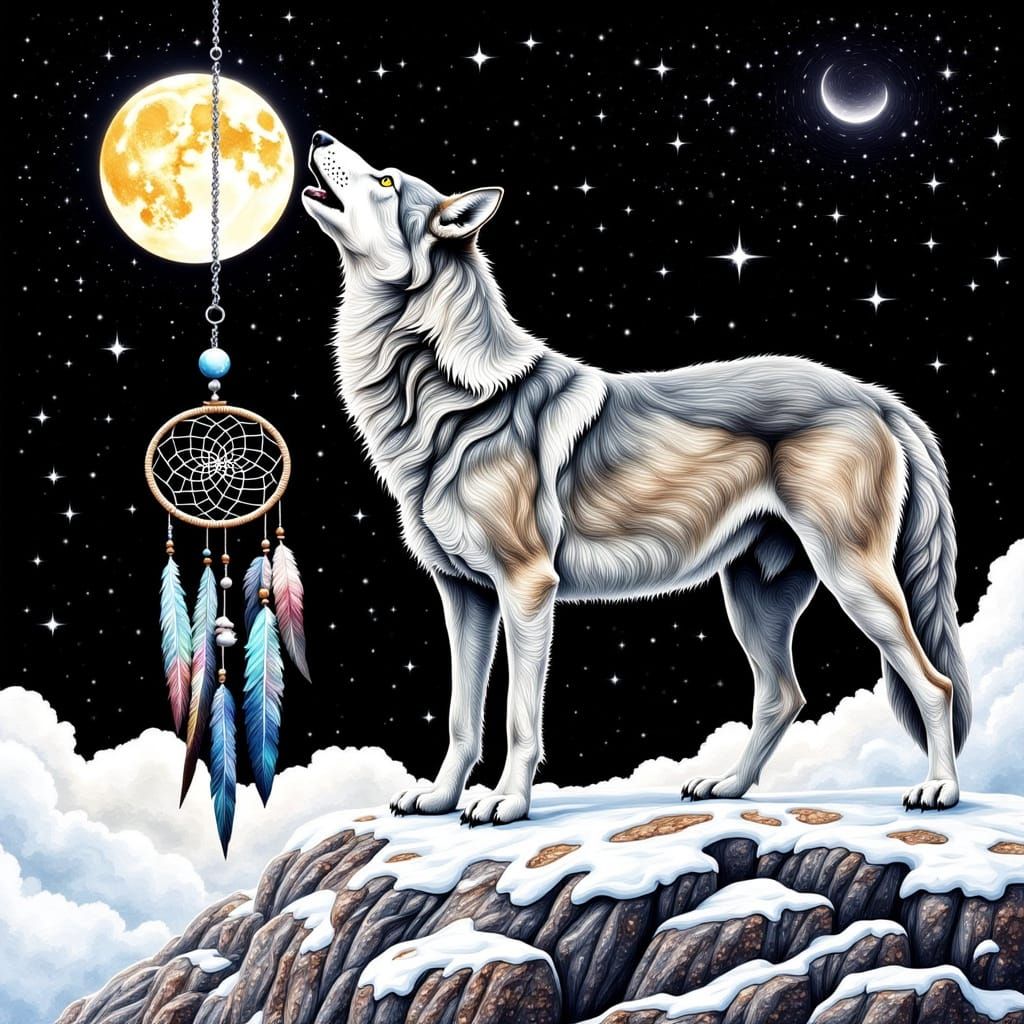 Majestic Grey Wolf Under Starlit Moonlit Skies in Dreamlike ...