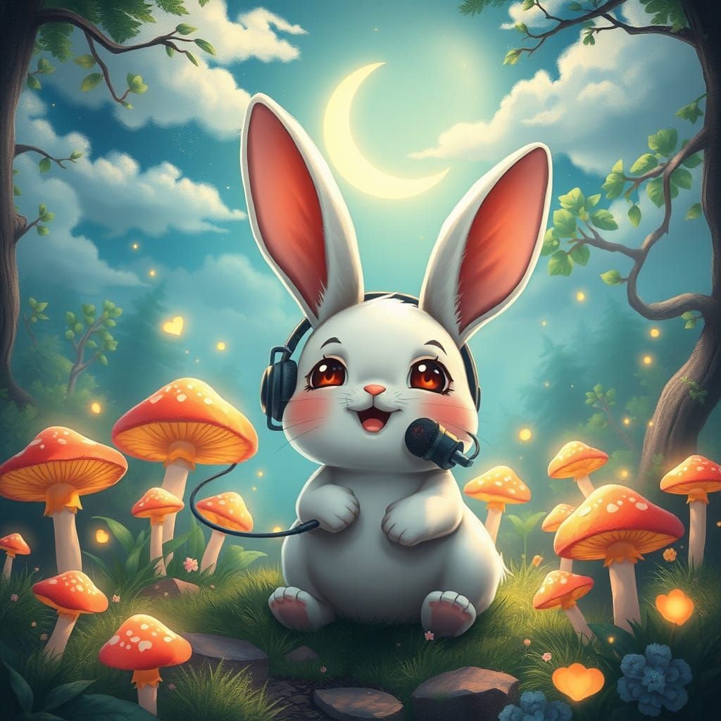 Whimsical Anime Rabbit Serenades in Enchanted Forest Glade